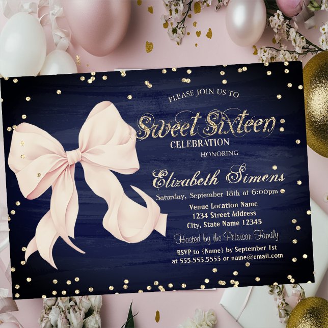 Pink Bow Gold Diamonds Navy Blue Sweet 16 Einladung (Von Creator hochgeladen)