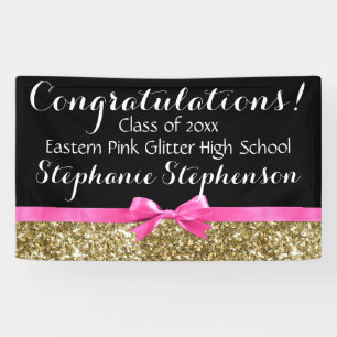 Pink Bow Gold Glitzer Girls Graduation Party Banner