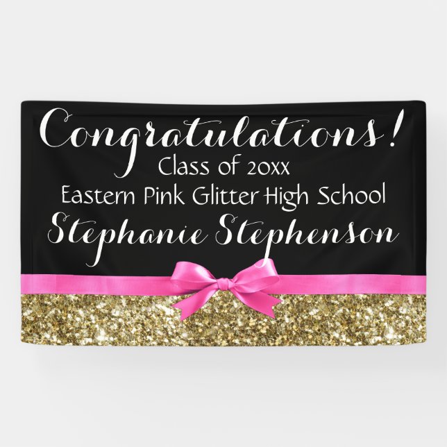 Pink Bow Gold Glitzer Girls Graduation Party Banner (Horizontal)