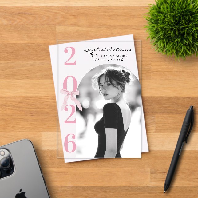 Pink Bow Graduation Photo Black and White Acryleinladungen (Insitu (Einladungskarte))