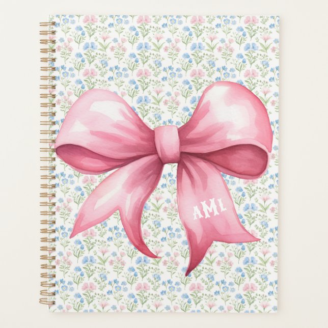 Pink Bow Grandmillennial Floral Monogram Planer (Vorderseite)