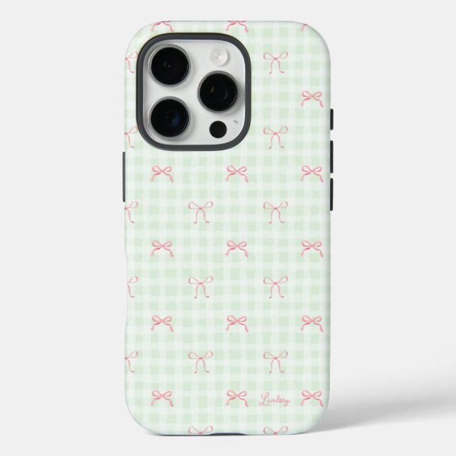 Pink Bow Green Gingham Personalisiert Name Case-Mate iPhone Hülle (Rückseite)