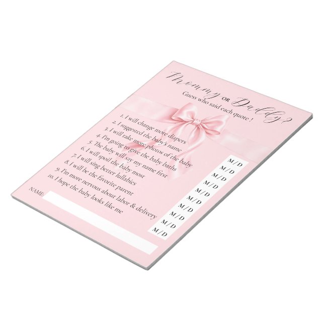 Pink Bow Gril Baby-Shower-SPIEL: Mama oder Papa Notizblock (angewinkelt)