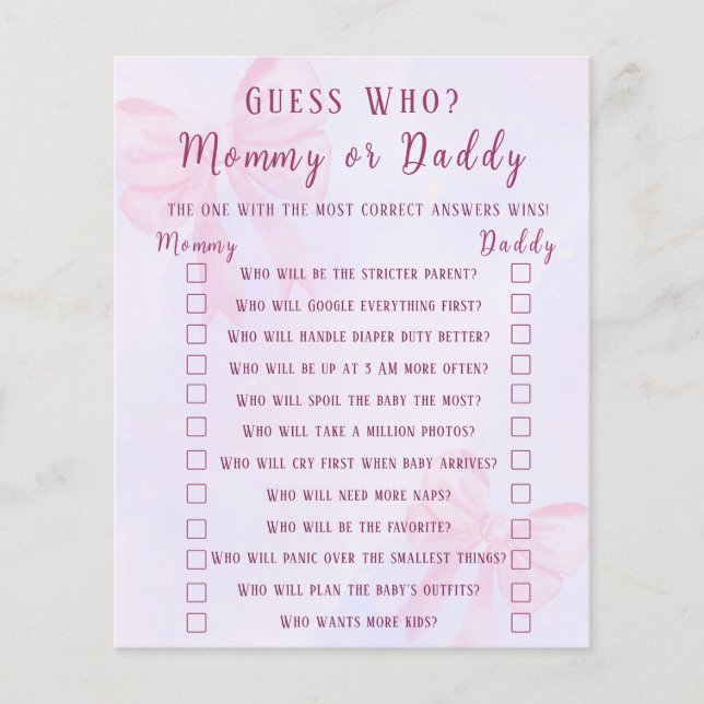 Pink Bow Guess Who Mommy or Daddy Baby Shower Game (Vorderseite)