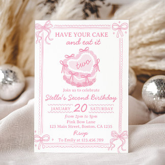 Pink Bow haben ihren Kuchen und essen ihn zwei Geb Einladung