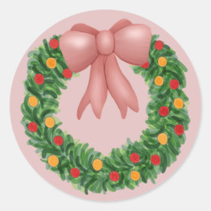 Pink Bow Holiday Wreath Runder Aufkleber