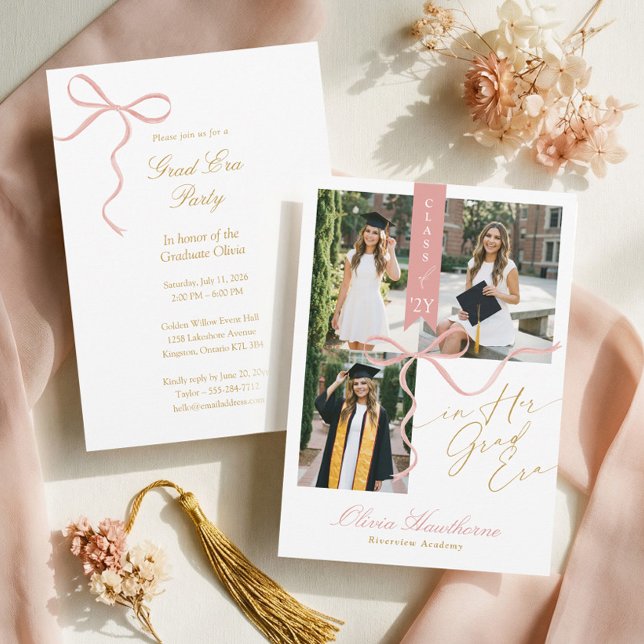 Pink Bow In Her Grad Era Elegant Photo Graduation Einladung (Pink Bow In Her Grad Era Elegant Photo Graduation Invitation)