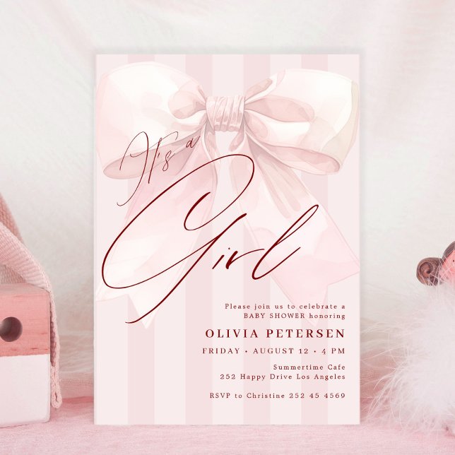 Pink bow its a girl script girl baby shower einladung (Von Creator hochgeladen)