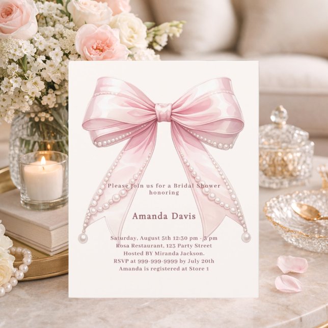 Pink bow ivory pearls Bridal Shower invitation (Von Creator hochgeladen)