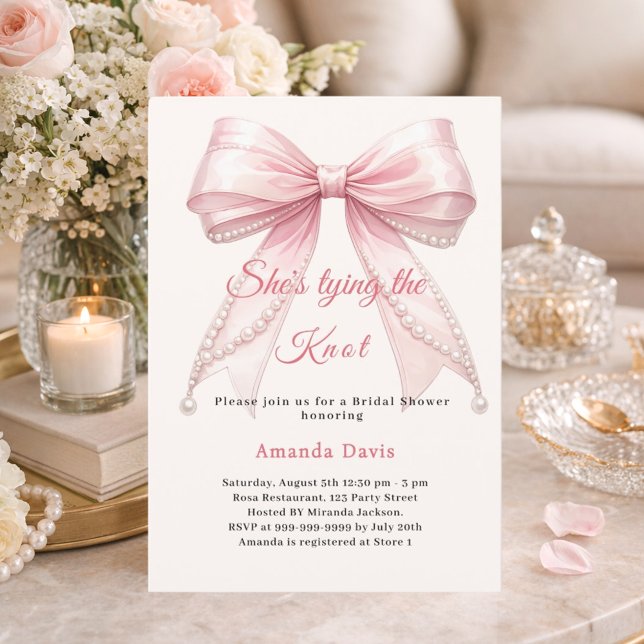 Pink bow ivory pearls tying knot Bridal Shower Einladung (Von Creator hochgeladen)