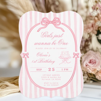 Pink Bow Just Wanna be One First Birthday Einladung