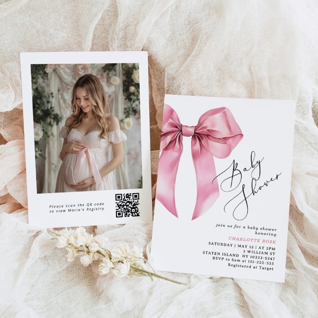Pink Bow Kalligraphie Foto QR Code Baby Shooter Einladung (Von Creator hochgeladen)