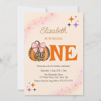 Pink Bow Leopard Pumpkin Girl 1. Geburtstag Einladung