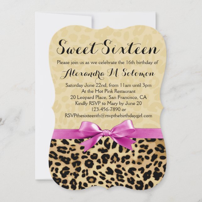 Pink Bow Leopard Sweet 16 Party Einladung (Vorderseite)