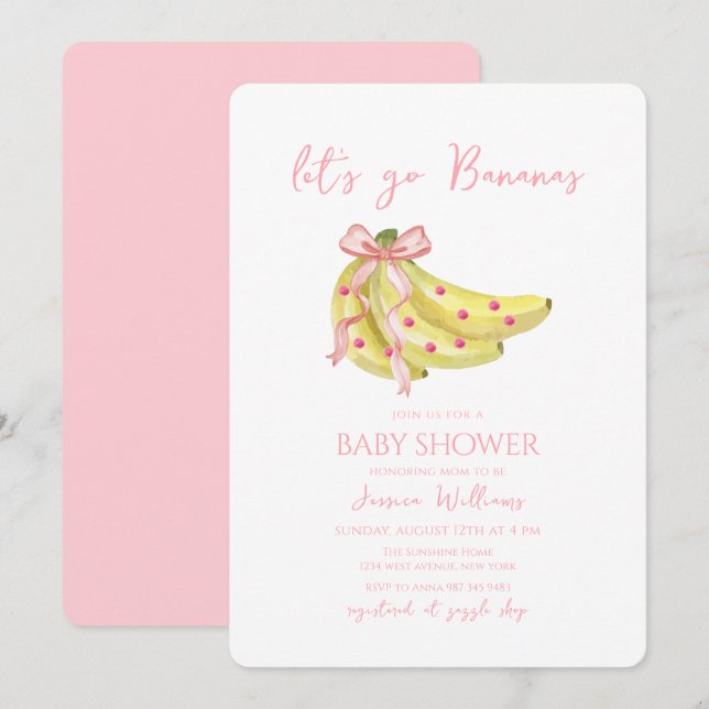 Pink Bow Let's Go Bananas Baby Shower Einladung (Vorne/Hinten)