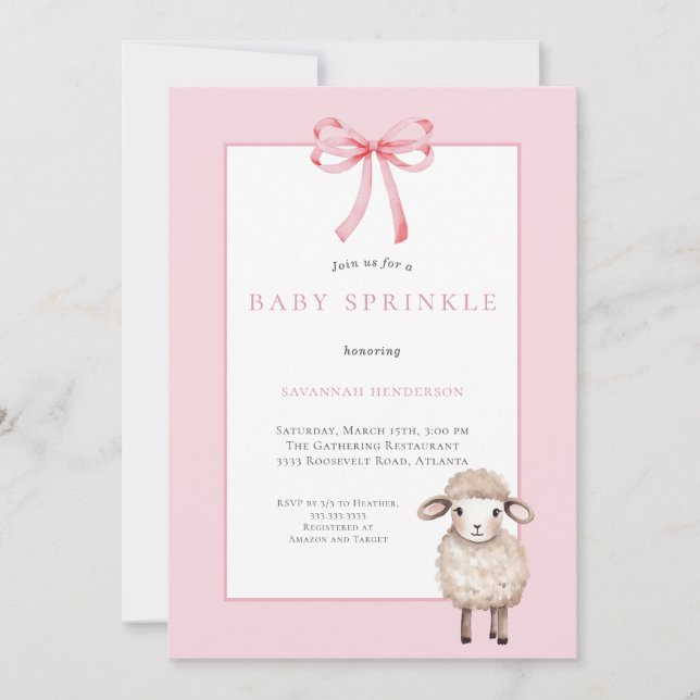 Pink Bow Little Lamb Baby Sprinkle Einladung (Vorderseite)