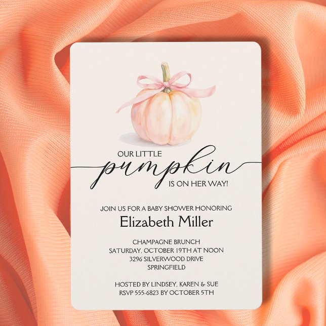 Pink Bow Little Pumpkin Baby Dusche Einladung (Pink ribbon and bow little pumpkin girl baby shower invitations)
