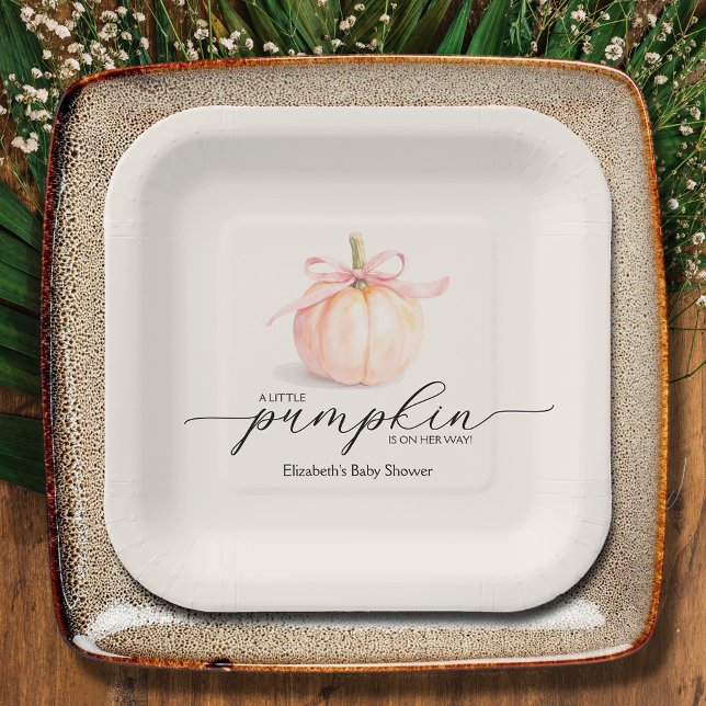 Pink Bow Little Pumpkin Baby Dusche Pappteller (Pink Bow Little Pumpkin Girl Baby Shower Square Paper Plates)