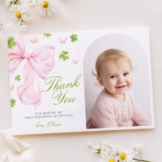Pink Bow Lucky One Birthday Flat Thank You Card Dankeskarte