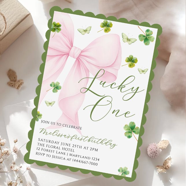 Pink Bow Lucky One Shamrock Clover 1st Birthday Einladung (Von Creator hochgeladen)