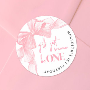 Pink Bow Mädchen 1. Geburtstag Runder Aufkleber