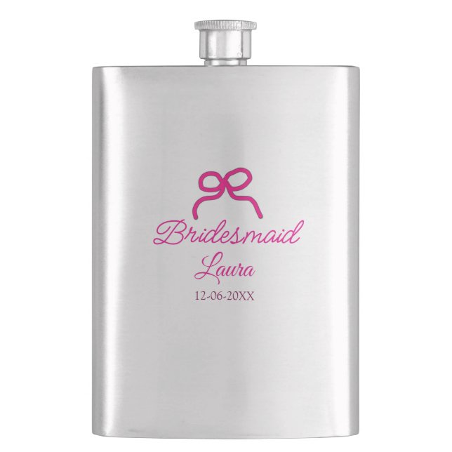 PINK BOW Minimaladd Name Brautjungfrau Geschenk Ja Flachmann (Vorderseite)