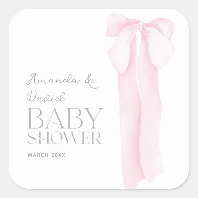 Pink Bow Minimalistisch Girl Baby Dusche Quadratischer Aufkleber (Vorderseite)