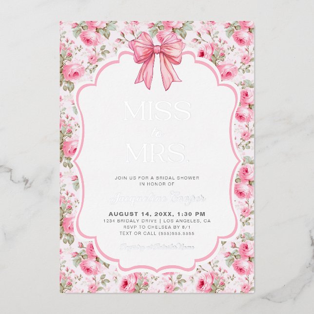 Pink Bow Miss Brautparty Real Silver Folieneinladung (Vorderseite)