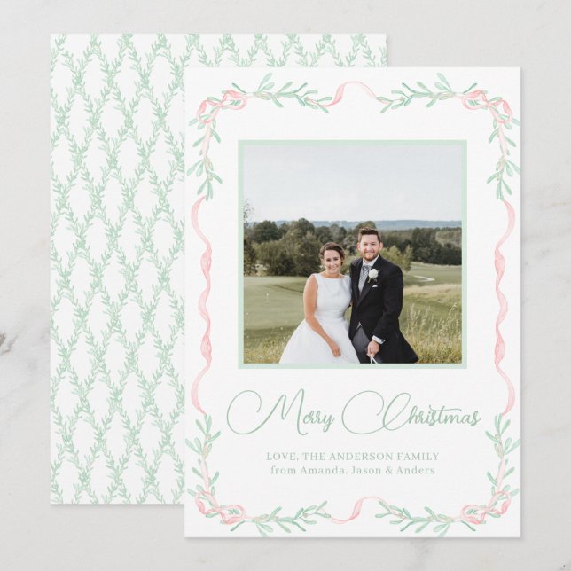 Pink Bow Mistletoe Grüne Weihnachtsfest Foto Feiertagskarte (Vorne/Hinten)