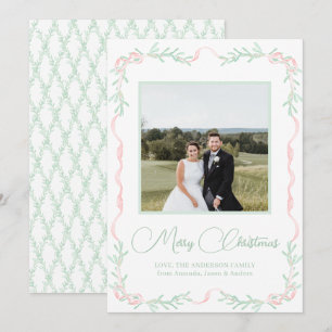 Pink Bow Mistletoe Grüne Weihnachtsfest Foto Feiertagskarte