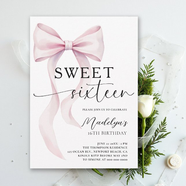 Pink Bow Modern Elegant Simple Classy Sweet 16 Einladung (sweet sixteen birthday party invitation pink bow simple classy script trendy fashion teen)