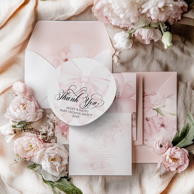 Pink Bow Moderne Elegante Girl Baby Dusche Runder Aufkleber (Von Creator hochgeladen)