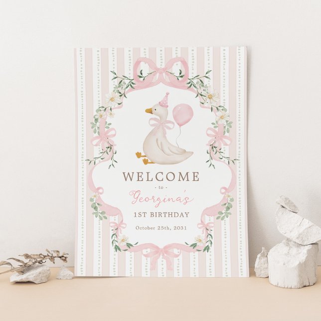 Pink Bow One Silly Goose 1st Birthday Welcome Poster (Von Creator hochgeladen)