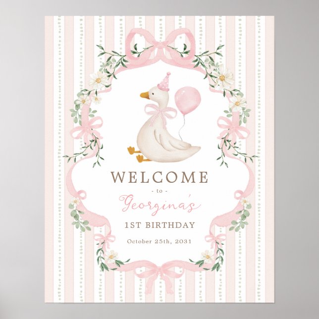 Pink Bow One Silly Goose 1st Birthday Welcome Poster (Vorne)