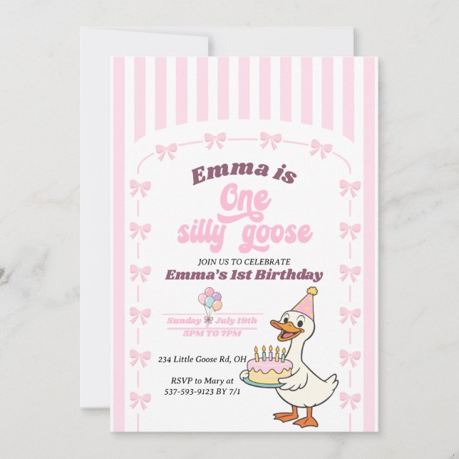 Pink Bow One Silly Goose Girl 1st Birthday Party  Einladung (Vorderseite)