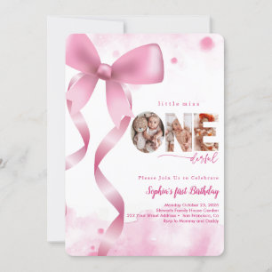 Pink Bow Onederful Baby Girl Foto 1. Geburtstag Einladung