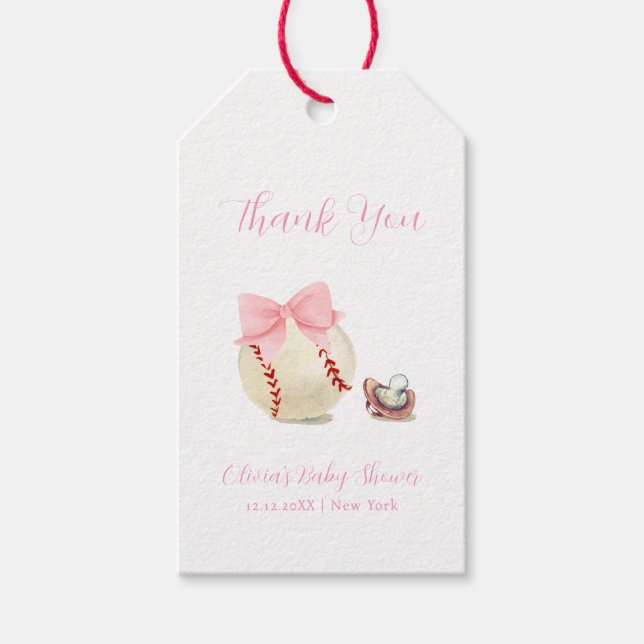 Pink Bow Pacifier Baseball Sport Girl Baby Shower Geschenkanhänger (Vorderseite)