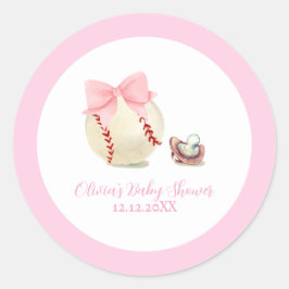 Pink Bow Pacifier Baseball Sport Girl Baby Shower Runder Aufkleber