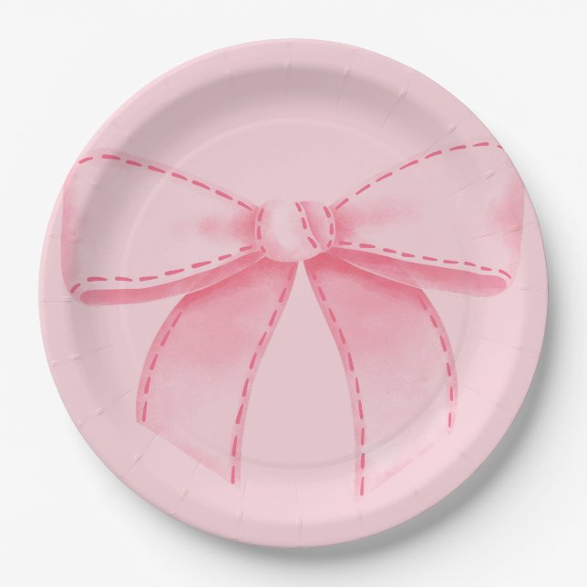Pink Bow Paper Plate With Plain Pink Backround Pappteller (Vorderseite)