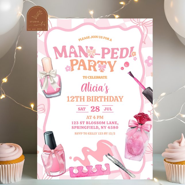 Pink Bow Pastel Retro Mani Pedi Party Birthday Einladung (Von Creator hochgeladen)