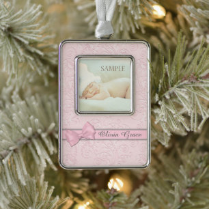Pink Bow Pastell Baby Erstes Weihnachtsfest Rahmen-Ornament Silber