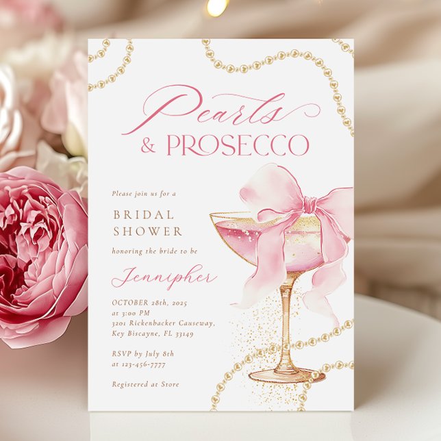 Pink Bow Pearls and Prosecco Brautparty Einladung (Von Creator hochgeladen)
