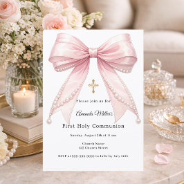 Pink bow pearls girl elegant First Communion Einladung