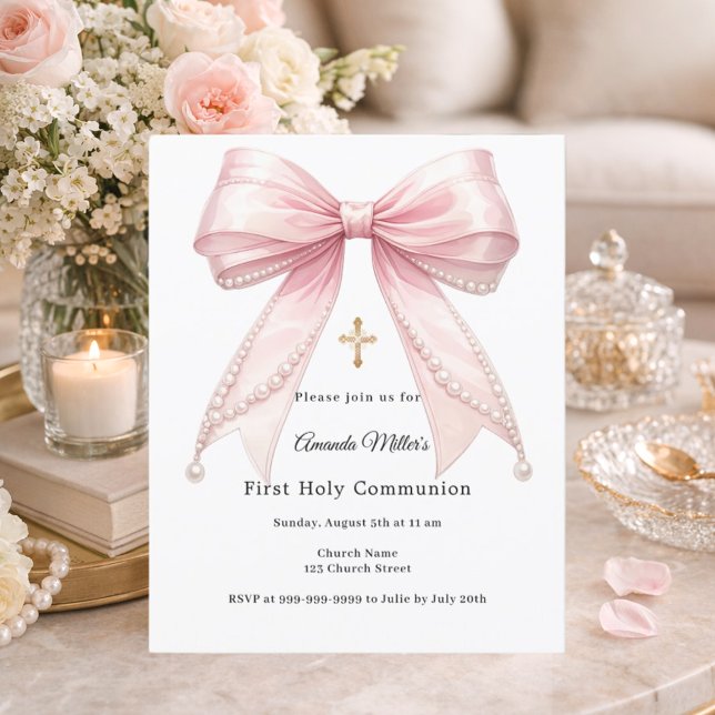 Pink bow pearls girl First Communion invitation (Von Creator hochgeladen)