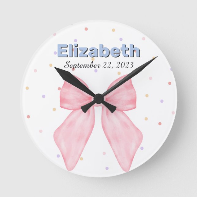 Pink Bow Personalisiert Individuelle Name Girl Runde Wanduhr (Vorderseite)