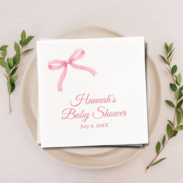 Pink Bow Personalisiert Script Baby Dusche Napkins Serviette (Pink bow personalized baby shower napkins)