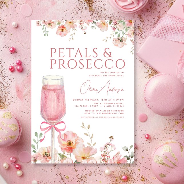Pink Bow Petals & Prosecco Blush Brautparty Einladung (Von Creator hochgeladen)