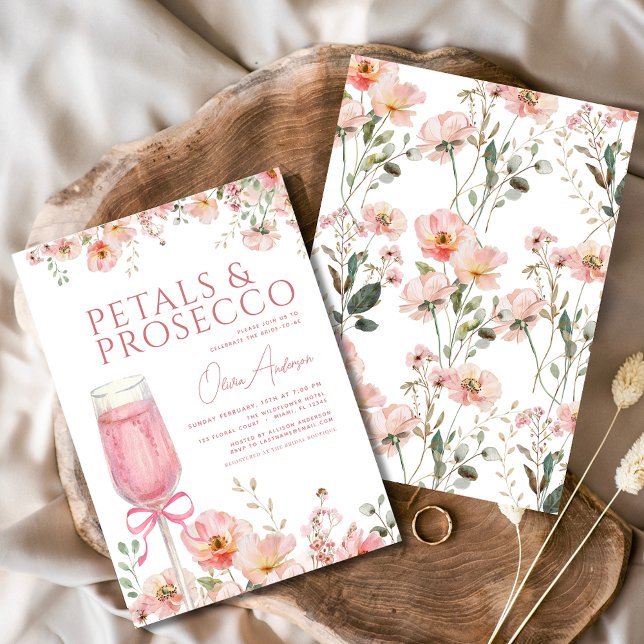 Pink Bow Petals & Prosecco Blush Brautparty Einladung (Von Creator hochgeladen)