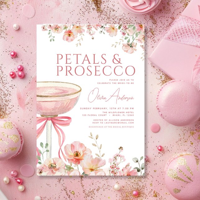 Pink Bow Petals & Prosecco Blush Brautparty Einladung (Von Creator hochgeladen)