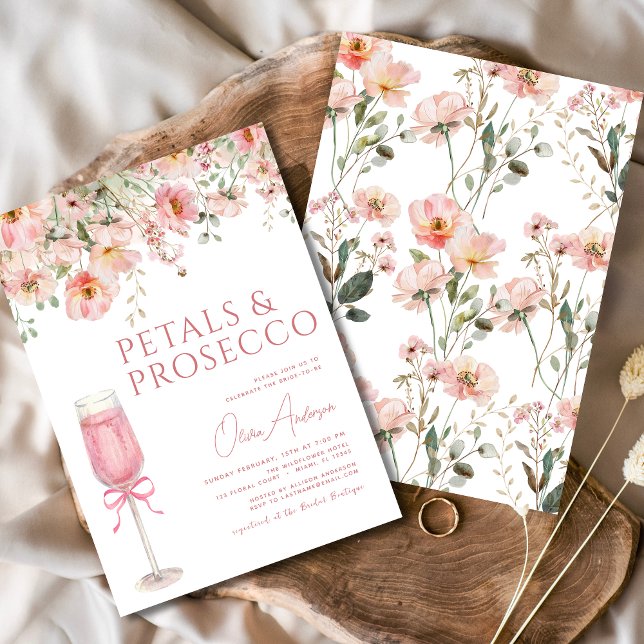 Pink Bow Petals & Prosecco Blush Brautparty Einladung (Von Creator hochgeladen)